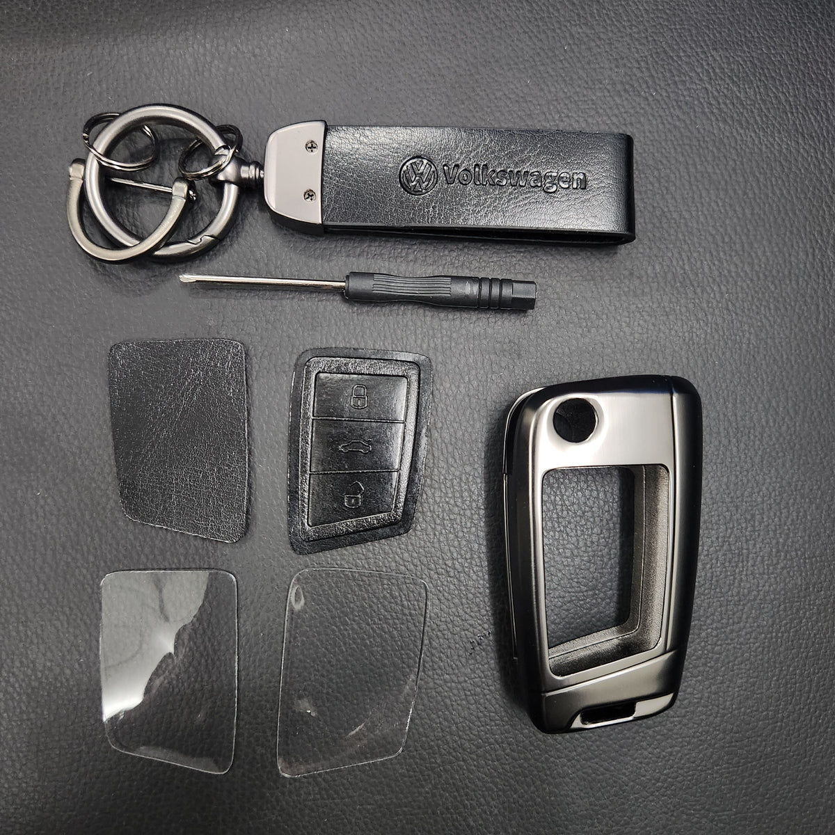 Volkswagen New Flip Key Metal Alloy Leather Keycase with Holder & Rope Chain